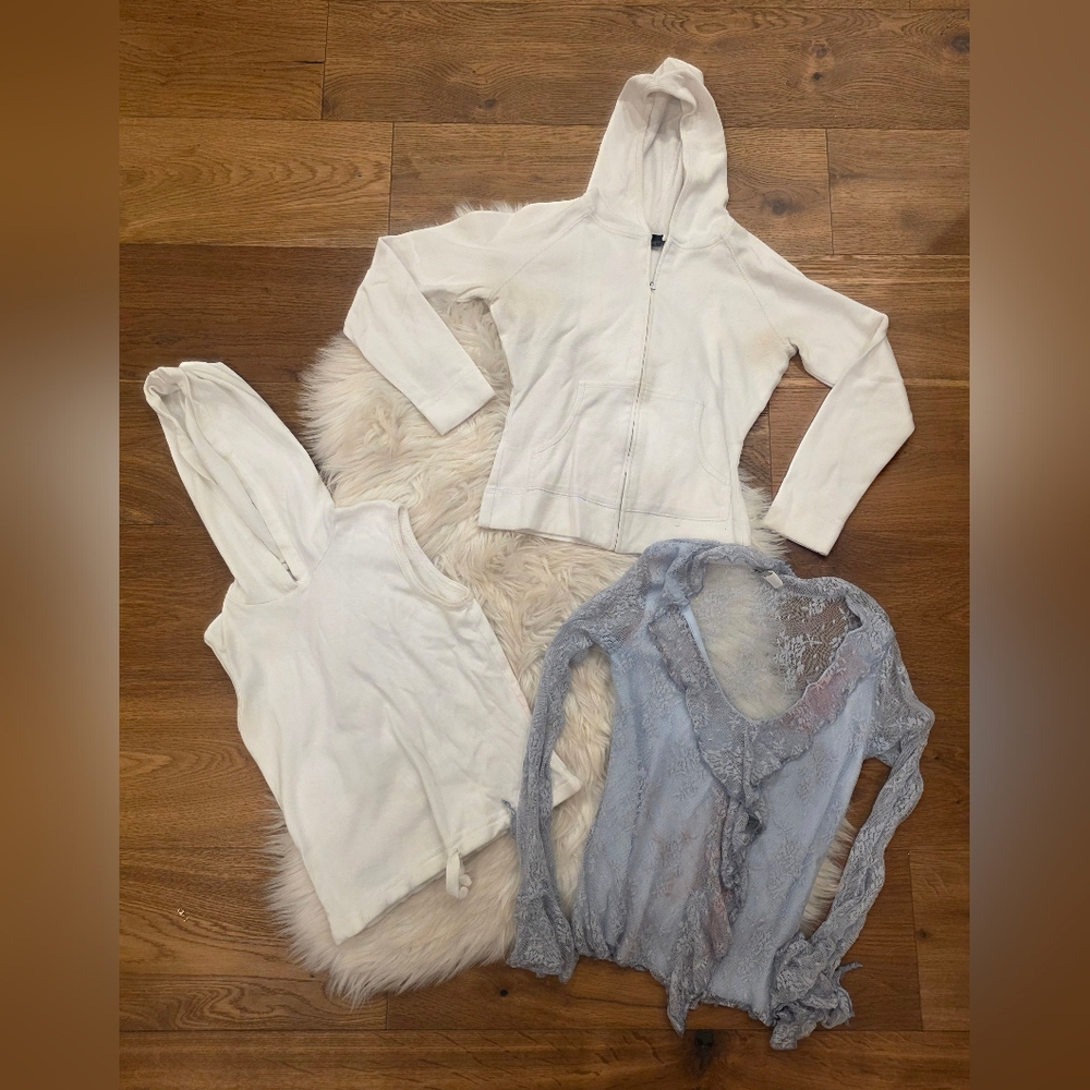 Vintage White Zip Hoodie + White Tank + Light Blue Lace Cardigan Set *DAMAGED*